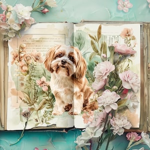 Kit diario spazzatura per cani, carte per album vintage, diario rustico, artigianato di carta, collage di razze di cani, diario spazzatura verde salvia stampabile