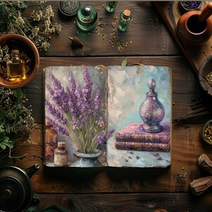 Kits de diário de lixo de boticário, papéis digitais botânicos, álbum de recortes mágico, papelaria de ervas para impressão, itens efêmeros de fadas, colagem de lavanda