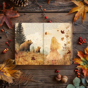 Fairytale Dreams Junk Journal, plakboek fabel, mythisch collageblad, ephemera volksverhalen, decoupage fantasiefictie, pagina Drie beren
