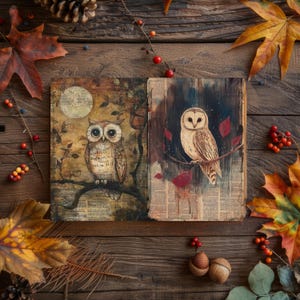 May include: Two vintage-style illustrations of owls on a brown wood background. The owls are surrounded by fall leaves, pine cones, and berries. The illustrations are printed on paper with a textured surface.