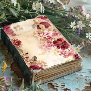Vintage English Rose Floral Junk Journal, 6 carte per scrapbooking digitale Burgundy, Rustic Journal, Ruby Floral Paper Craft, Shabby Rose VOL 2