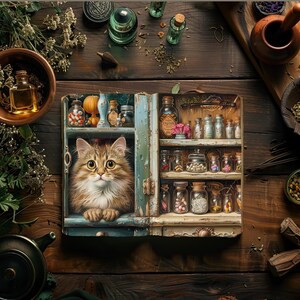 Páginas de diário de lixo de boticário, papéis digitais botânicos, álbum de recortes de gatinhos, papelaria para impressão de ervas, itens mágicos, página de gatos de boutique
