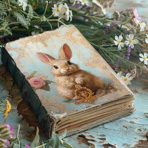 Kit diario spazzatura verde acqua e oro, carte per album digitali con animali del bosco, diario rustico, artigianato di carta, effimeri fantasy, collage magico