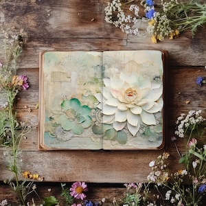 Waterlelie-rommeldagboek, vintage plakboekpapier, rustiek lotusdagboek, papercraft, collagevel witte bloemen, ephemera bloemen