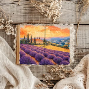 Páginas de diario basura color lavanda, papeles de scrapbooking de Toscana, diario rústico, manualidades de papel, efímeras florales de acuarela, hoja de collage rural