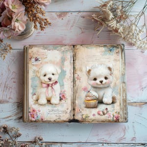 Diario di San Valentino con animali, pagina di album di cuori, diario di rose rosse, lavoretti di carta sull'amore, effimeri romantici, collage di coppie romantiche