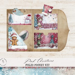 Rosa Weihnachten Junk Journal Folio Kit, Vintage Taschen, Lebkuchenmann Kit, Schneemann Ephemera, Rotkehlchen Karten, festliche Fussy Cuts