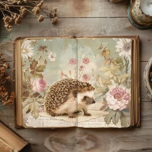 Diário de lixo de animais da floresta, papel digital de ouriço, páginas de scrapbook em aquarela, artesanato em papel para impressão, colagem de criaturas da floresta