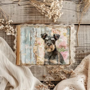 Junk Journal Pages Dog, Schnauzer Scrapbook Paper, Rustic Journal, Paper Craft, Collage Sheet, Puppy Ephemera, Floral Dog Decoupage