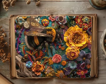 Diario imprimible con abejitas, papeles para álbumes de recortes en colores pastel, diario rústico, manualidades de papel con motivos florales, hojas de collage con abejorros, efímeras de abejas y flores