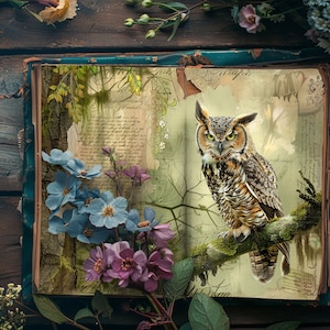 Diario di carta incantato della foresta, carta per scrapbooking con animali del bosco, diario rustico, artigianato di carta, effimeri fantasy, collage magico VOL3
