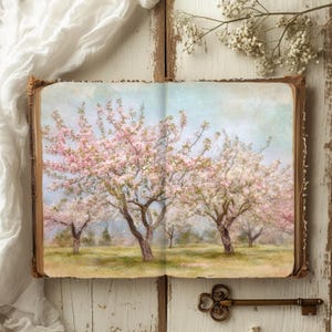 Countryside Junk Journal, Cherry Blossom Scrapbook, Garden Bench Journal, Aqua Watercolor Landscape Ephemera, Meadow Flowers Collage Sheet