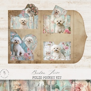 May include: A folio pocket kit with a floral design featuring a white Bichon Frise dog in each pocket. The kit includes four pockets with a floral design and the text "Bichon Frise Folio Pocket Kit".