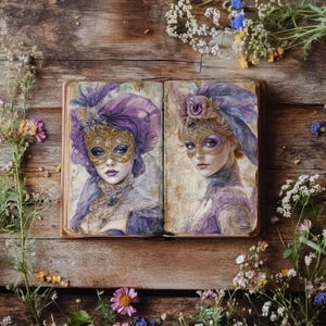 Journal de mascarade, papiers de scrapbooking carnaval lavande, journal vintage, créations gothiques en papier, éphémères de bal secret, masque de Mardi Gras