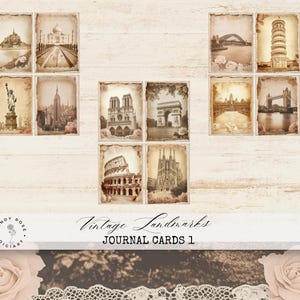 Carnet de voyage éphémères, scrapbooking vintage, monuments en noir et blanc, créations en papier, monuments du monde, feuille de collage de cartes postales vintage