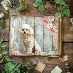Ongewenste dagboekpagina&#39;s hond, poedel plakboek, rustiek dagboek, papercraft, collagevel, puppy-ephemera, bloemen hond decoupage