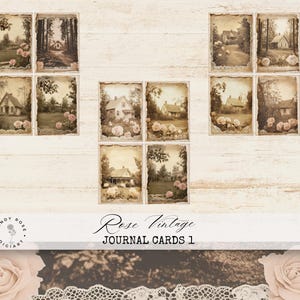 Tarjetas de diario basura con fotografías antiguas, postales de estilo cottagecore, tarjetas de álbum de recortes con rosas rosas, diario rústico ruborizado, efímeras florales con rosas