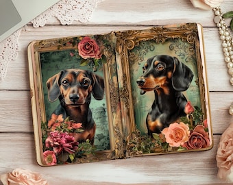 May include: Two black and brown dachshund dogs are pictured in separate ornate gold frames with floral accents. The frames are open to reveal the dogs' portraits. The background is a light wood surface.