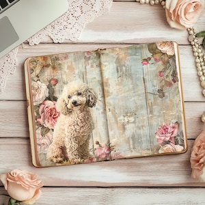 Ongewenste dagboekpagina&#39;s hond, poedel plakboek, rustiek dagboek, papercraft, collagevel, puppy-ephemera, bloemen hond decoupage