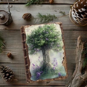 Może przedstawiać: Dziennik w stylu vintage, oprawiony w skórę, z ręcznie malowanym obrazem drzewa z misternymi rzeźbami na pniu. Drzewo otoczone jest fioletowymi kwiatami i miękkim, mglistym tłem.