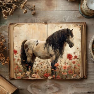 Kit de carnet de bord, papiers de scrapbooking vintage, journal rustique, créations en papier, feuille de collage poney, éphémères jument pommelé, hongre decoupage