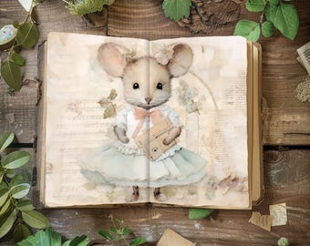 Cute Mouse Junk Journal, Adorable Vintage Scrapbook Papers, Printable Paper Craft, Rustic Journal, Collage Sheet, Mouse Wearing Clothes Page