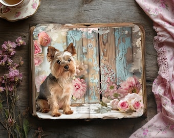 Dog Junk Journal Kit, Yorkshire Terrier Scrapbook Papers, Floral Dog Rustic Journal, Paper Craft, Collage Sheet, Puppy Decoupage Pages