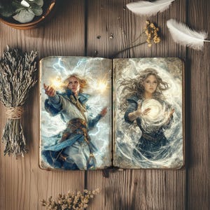 Könnte beinhalten: Ein aufgeschlagenes Buch mit Fantasy-Illustrationen von zwei Figuren, die Magie wirken. Die linke Seite zeigt eine Person mit Blitzen, die rechte Seite eine Person mit einer leuchtenden Kugel. Das Buch liegt auf einer Holzoberfläche mit getrockneten Blumen und Federn.