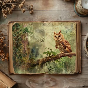Diario di carta incantato della foresta, carta per scrapbooking con animali del bosco, diario rustico, artigianato di carta, effimeri fantasy, collage magico VOL2