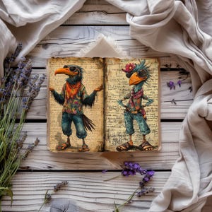 Hippie Junk Journal, Quirky Birds Papercraft stampabile, Carta colorata per album, Diario rustico, Ephemera boho, Foglio collage boho