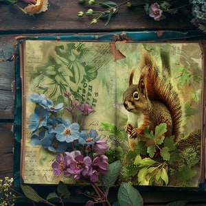 Diario di carta riciclata Enchanted Forest, carte per scrapbooking con animali del bosco, diario rustico, artigianato di carta, effimeri fantasy, collage magico