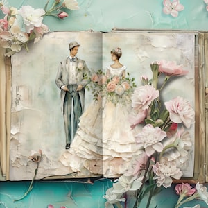Junk Journal Just Married, 6 carte digitali acquerellabili, pagine di album di ritagli rovinate, carta da stampare, diario rustico, decoupage per matrimonio