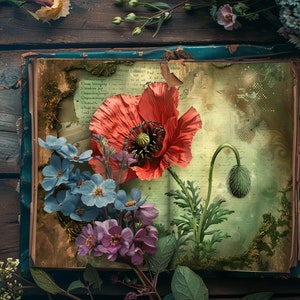 Page de carnet coquelicots, papiers de scrapbooking bois fantaisie, journal rustique, créations en papier, éphémères féeriques, collage floral magique