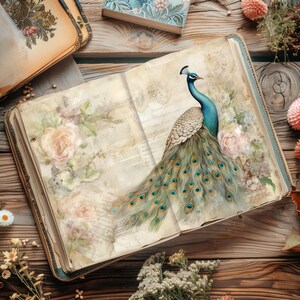 Pagine di diario di scarto di pavone, 6 carte digitali acquerellabili, pagine di album di ritagli rovinate, carta da stampare, diario rustico, decoupage VOL1