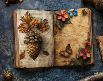 Páginas de diario con temática de abejas, papeles vintage para álbumes de recortes, diario rústico, manualidades florales, hojas de collage de mariposas, efímeras de abejas y flores