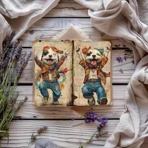 Diario digital con perros divertidos, papel imprimible con cachorros peculiares, papel para álbum de recortes colorido, efímera boho, hoja de collage boho