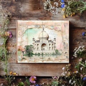 Kits de carnets de voyage en téléchargement numérique, pages de scrapbooking vintage, aquarelles de monuments, créations en papier, monuments du monde, feuille de collage