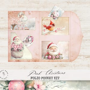 Rosa Weihnachten Junk Journal Folio Kit, Vintage Taschen, Lebkuchenmann Kit, Schneemann Ephemera, Rotkehlchen Karten, festliche Fussy Cuts