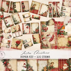 Kits folio de carnet de Noël indésirable, papiers de scrapbooking tartan rouge, créations en papier écossais de père Noël, éphémères de bonhomme de neige, collage d'anges, page imprimable d'elfe
