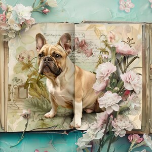 Hund Junk Journal Kit, Vintage Scrapbook-Papiere, rustikales Journal, Papiermodelle, Französische Bulldogge Collage, Salbeigrün Junk Journal Printable