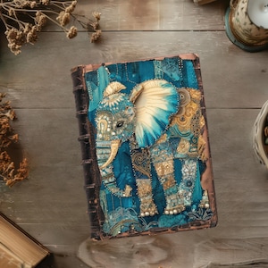Diario de basura con elefantes, páginas de álbum de recortes adornadas, manualidades de papel acolchado, imprimibles en verde azulado y dorado, collage brillante, efímera de mamut