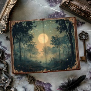 Journal magique de la forêt, papiers numériques vintage, page de scrapbooking Forêts célestes, création en papier de scènes de forêt, feuille de collage nuit étoilée