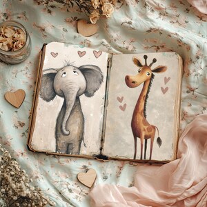 May include: An open vintage book with illustrations of an elephant and a giraffe. The elephant is gray, and the giraffe is brown. Wooden heart-shaped decorations and a jar of dried flowers are also visible.