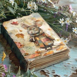 Peut inclure: Un livre ancien avec une illustration fantaisiste d'une souris portant un manteau en patchwork, entourée de feuilles d'automne. La couverture du livre est vieillie et texturée, avec une esthétique vintage. Des accents floraux ajoutent une touche de nature.