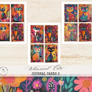 Skurrile Ephemera Karten, schrullige Katzen Digital Printable, bunte Sammelalbum Postkarte, lebhafte druckbare Papiermodelle, Junk Journal Karten