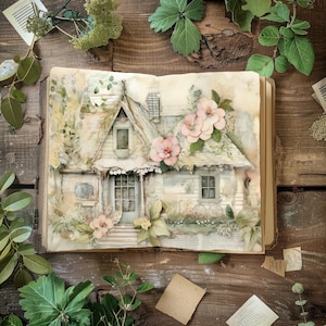 Wydrukowany dziennik Junk Cottage, strony do scrapbookingu w stylu vintage, rzemiosło papierowe, rustykalny dziennik, efemeryda Rose Cottage, arkusz kolażu domowego
