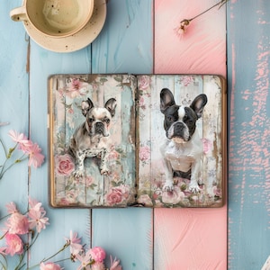 Imprimíveis de diário de lixo, cachorro, papel para scrapbook de buldogue francês, diário rústico, artesanato em papel, folha de colagem, itens efêmeros de cachorrinho, decoupage vintage