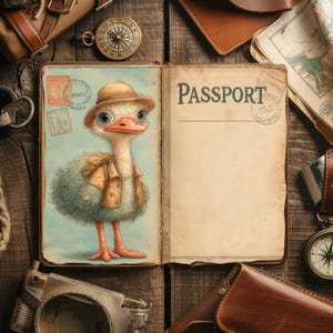 May include: An open passport book with a cartoon ostrich wearing a hat and jacket. The ostrich is on a blue background with stamps. The right page reads "PASSPORT". The image is surrounded by travel accessories on a wooden surface.