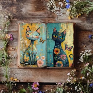 Hippie Cat Junk Journal, carta colorata per album, carta stampabile, diario rustico, effimeri boho, collage boho, stampe hippy