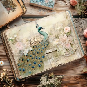 Pagine di diario Peacock Junk, 6 carte digitali acquerellabili, pagine di album di ritagli invecchiate, carta stampabile, diario rustico, decoupage VOL2
